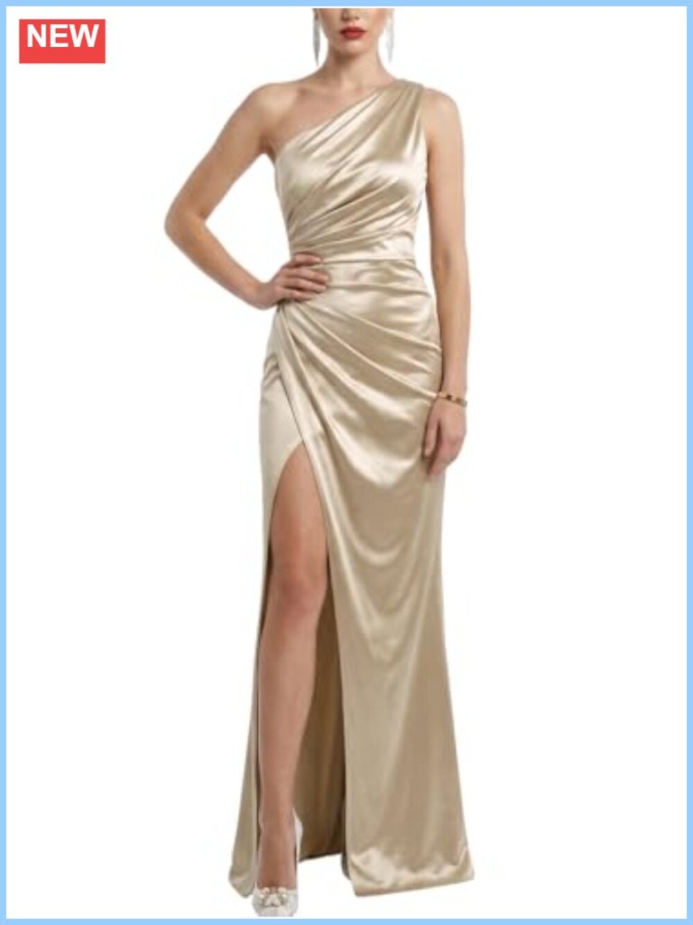 Satin One-Shoulder Ruched High Slit Bodycon Maxi Formal Dress